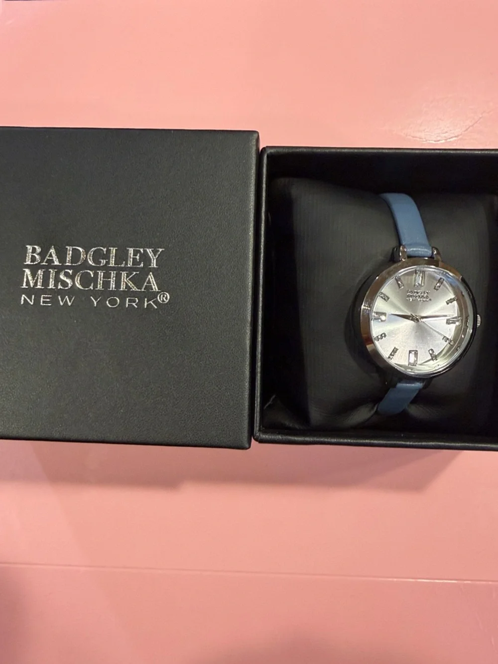 Badgley Mischka Silver Dial Watch with Light Blue Strap